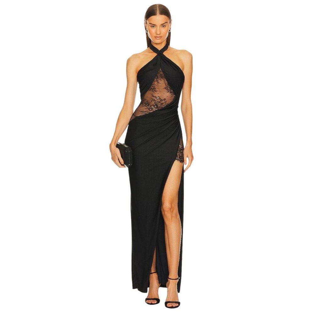 Michael Costello Black Lace-Inset Halter Maxi Dress